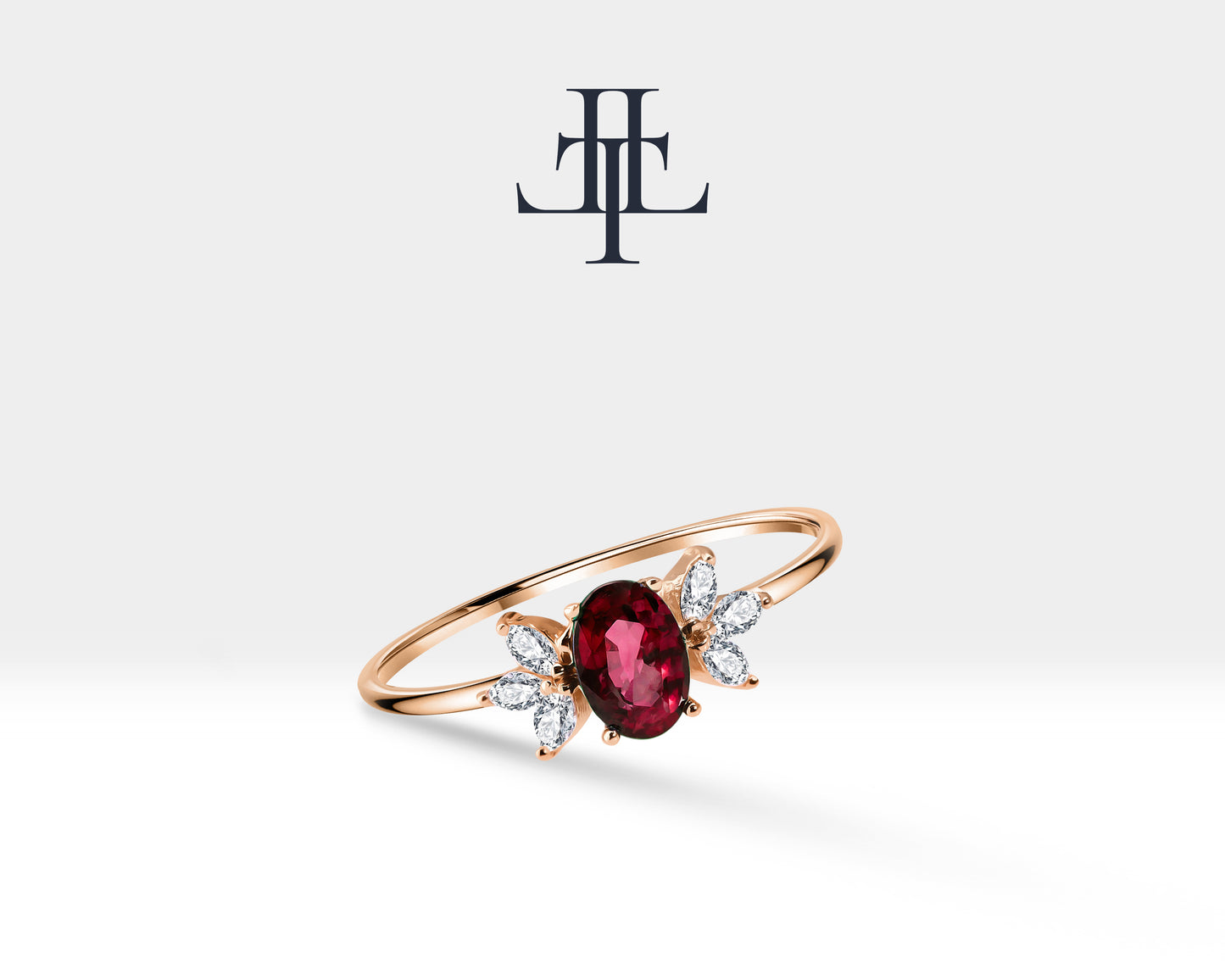 14K Yellow Solid Gold,Multi Stone Ring,Oval Cut Ruby with Marquise Diamond Ring