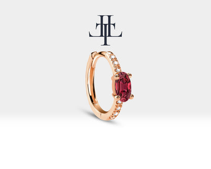 Oval Cut Ruby and Diamond Design Hoop Earring , 14K Solid Gold Earlobe Earring