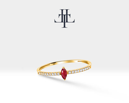 14K Yellow Solid Gold Ring,Straight Shank Ring,Marquise Cut Ruby Ring,Half Eternity