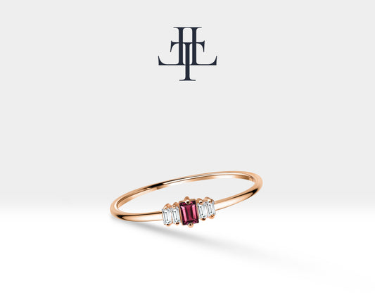 14K Yellow Solid Gold Band,Multi Stone Ring,Baguette Cut Ruby and Diamond Ring