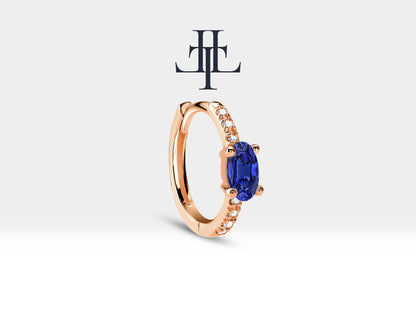 Huggie Hoop Earring , Oval Cut Sapphire and Diamond Design Earring , 14K Yellow Solid Gold