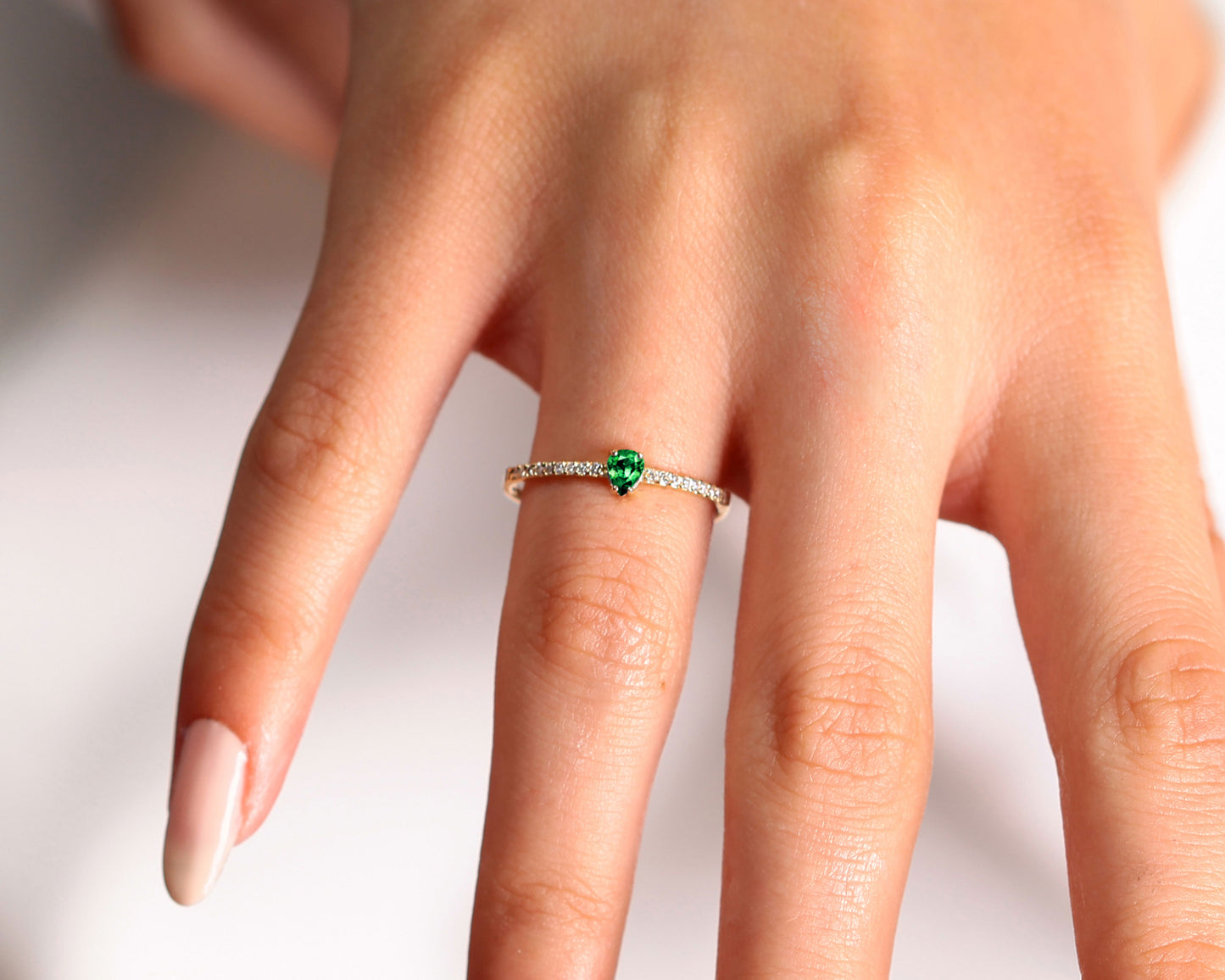 14K Yellow Gold Ring,Straight Shank Engagement Ring,Pear Cut Emerald with Half Eternity