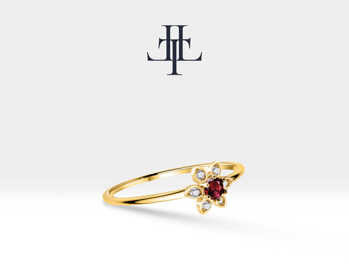 14K Yellow Solid Gold Band,Multi Stone Ring,Floral Design Ring,Ruby and Diamond