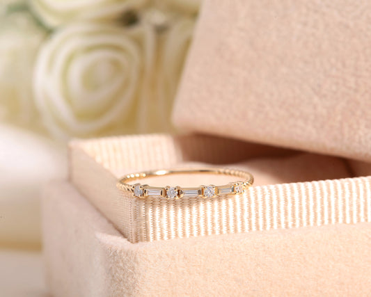 Mixed Baguette and Round Cut Design Ring with Diamond 14K Gold Handmade Ring