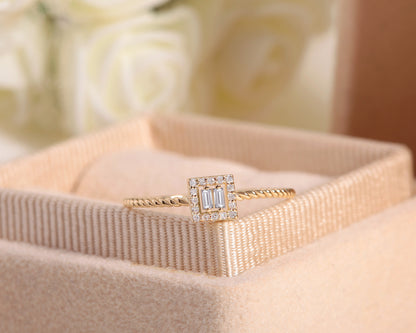 Ring with Baguette Cut and Round Cut Diamond in a Frame with Outstanding Design 14K Gold