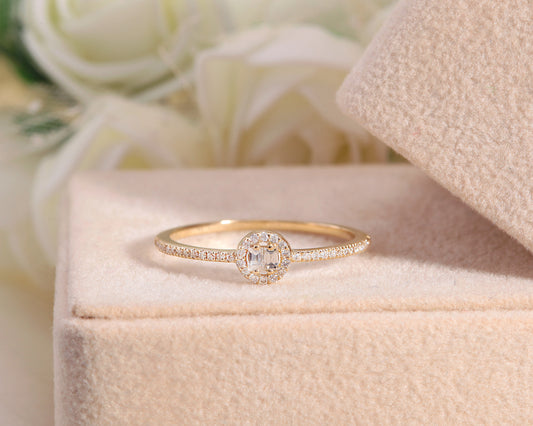 Round and Baguette Cut Round Frame Design Ring with Diamond 14K Gold