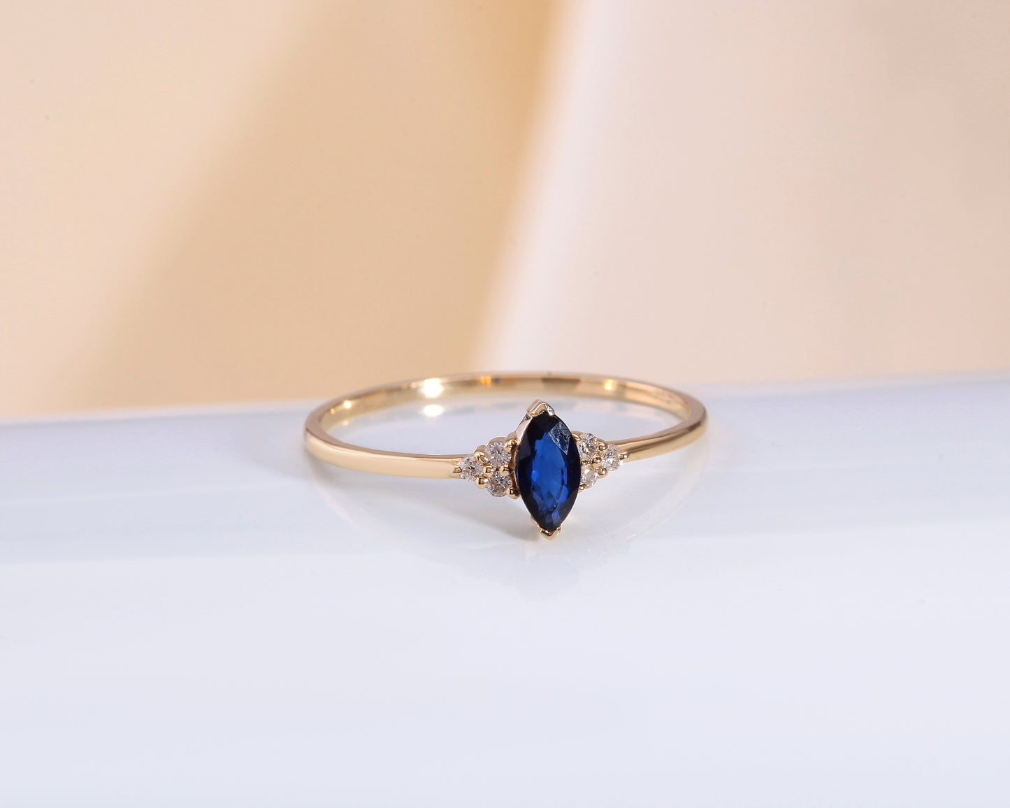 Ring with Marquise Sapphire and Round cut Diamond 14K Gold