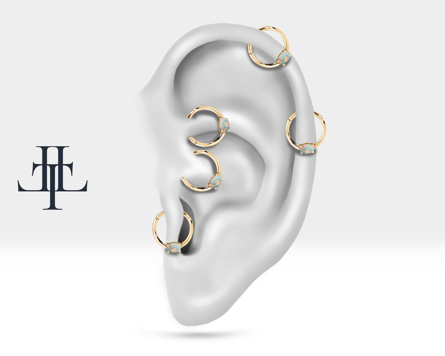 Cartilage Hoop , Oval Opal Clicker Piercing , Single Earring , 14K Solid Gold