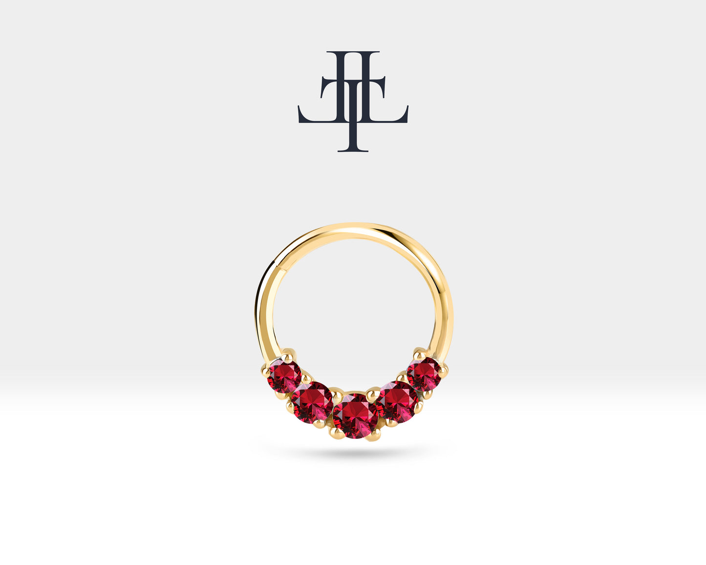 Cartilage Hoop, Five Round Cut Ruby Clicker, Single Earing, 14K Gold