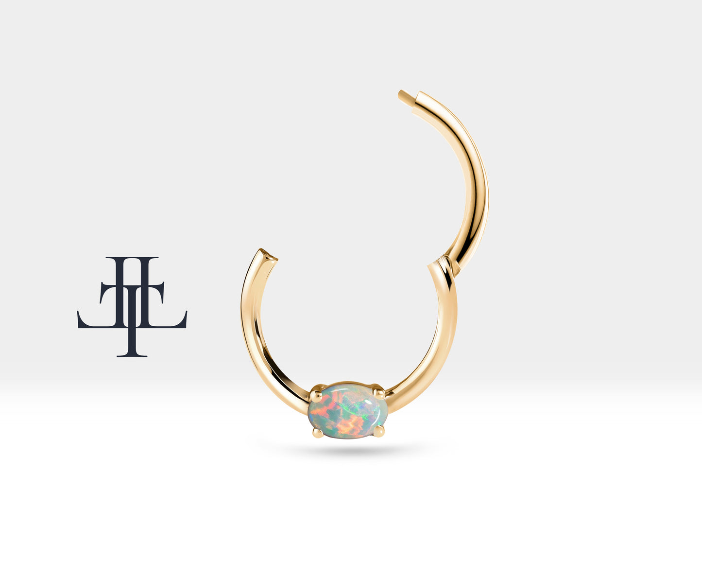 Cartilage Hoop , Oval Opal Clicker Piercing , Single Earring , 14K Solid Gold