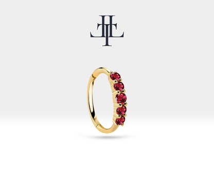 Cartilage Hoop Five Pieces Round Cut Ruby Design Single Earring, 14K Yellow Solid Gold
