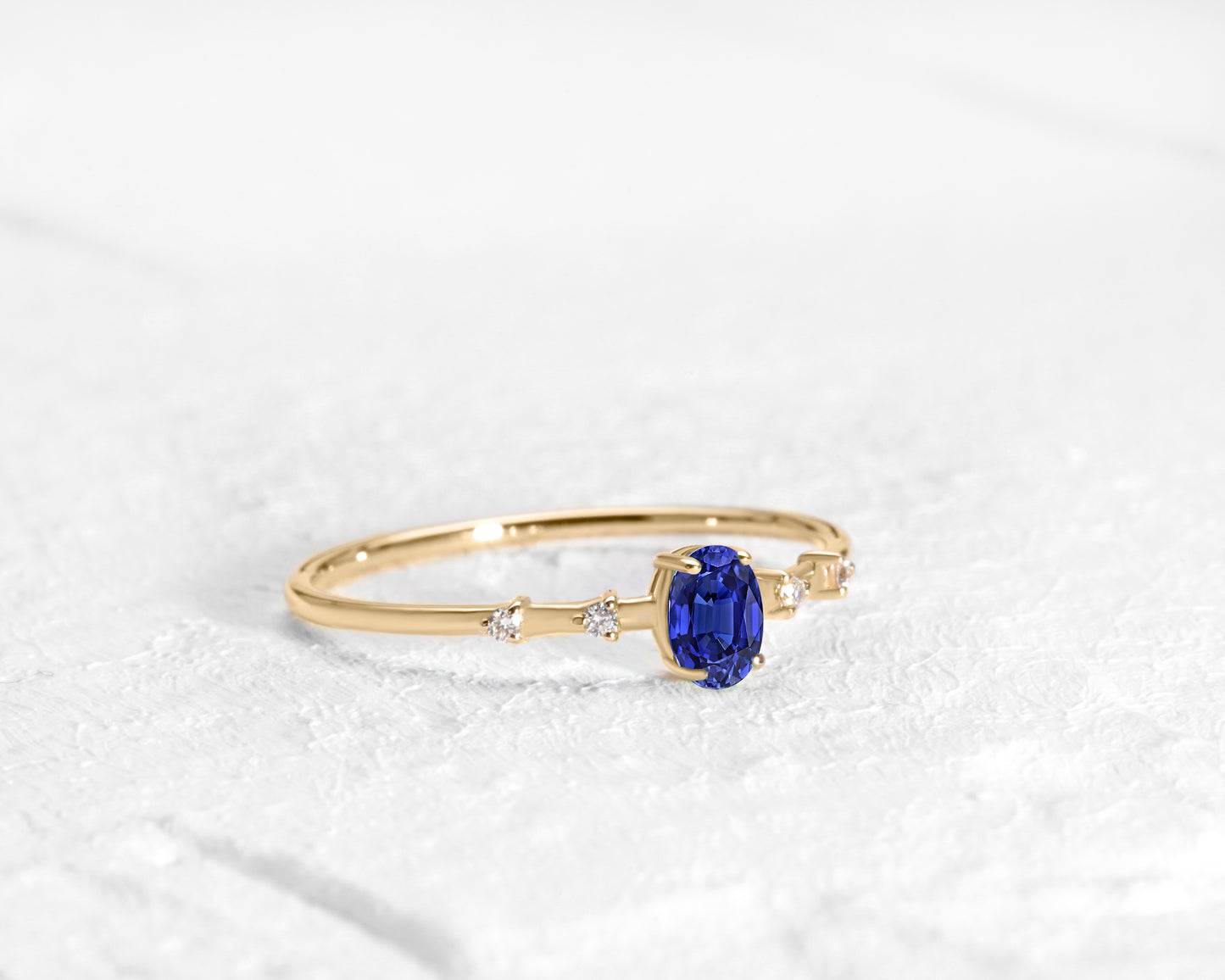 Dainty Ring, Prong Setting Oval cut Sapphire and Diamond Ring , 14K Yellow Solid Gold