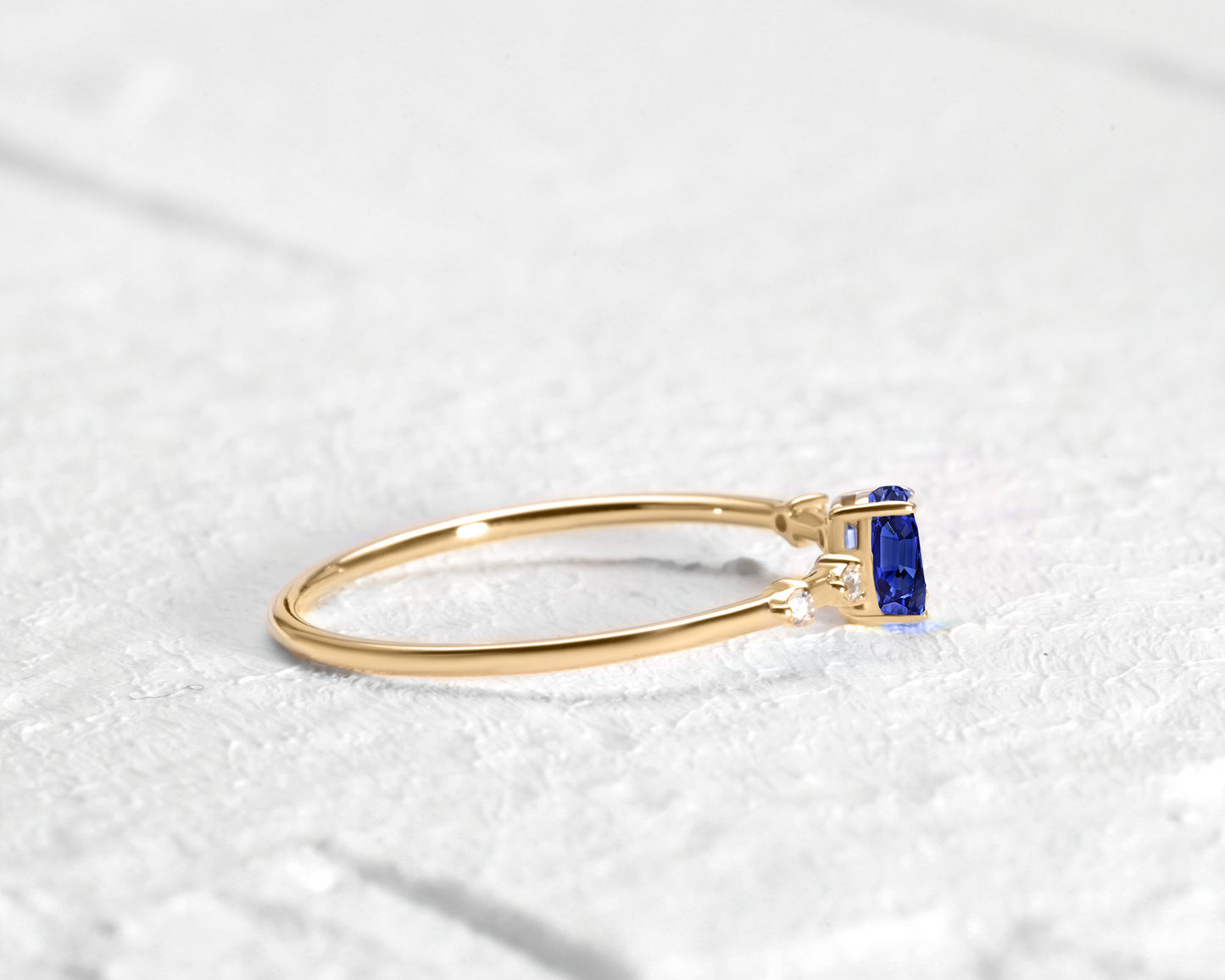 Dainty Ring, Prong Setting Oval cut Sapphire and Diamond Ring , 14K Yellow Solid Gold