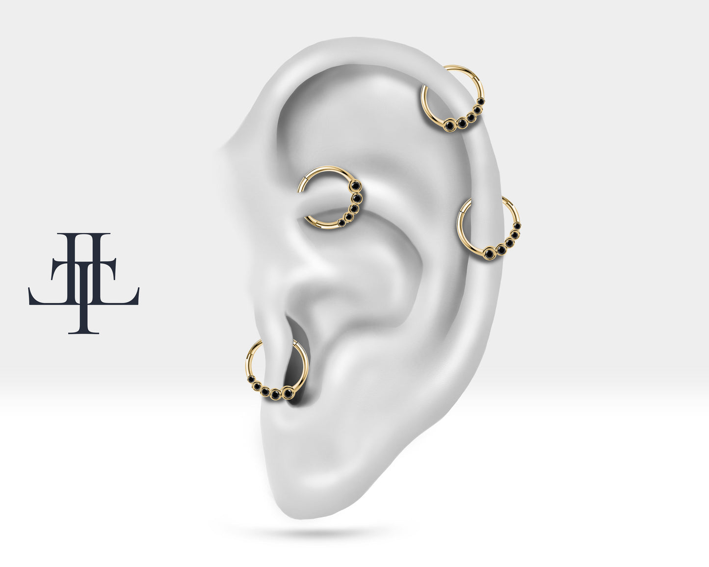 Cartilage Hoop,Round Cut Black Diamond Graduating Clicker,Single Earring,14K Solid Gold