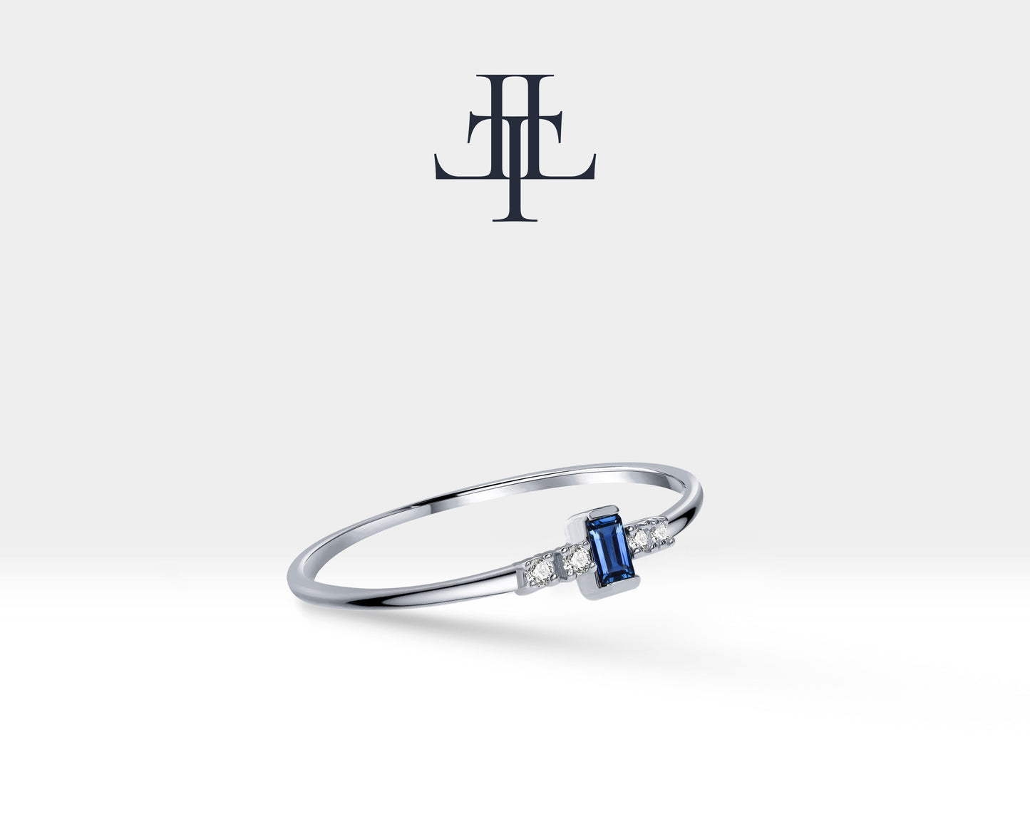 14K Yellow Solid Gold Band,Baguette Cut Sapphire and Diamond Ring,Straight Shank Dainty Gold Ring