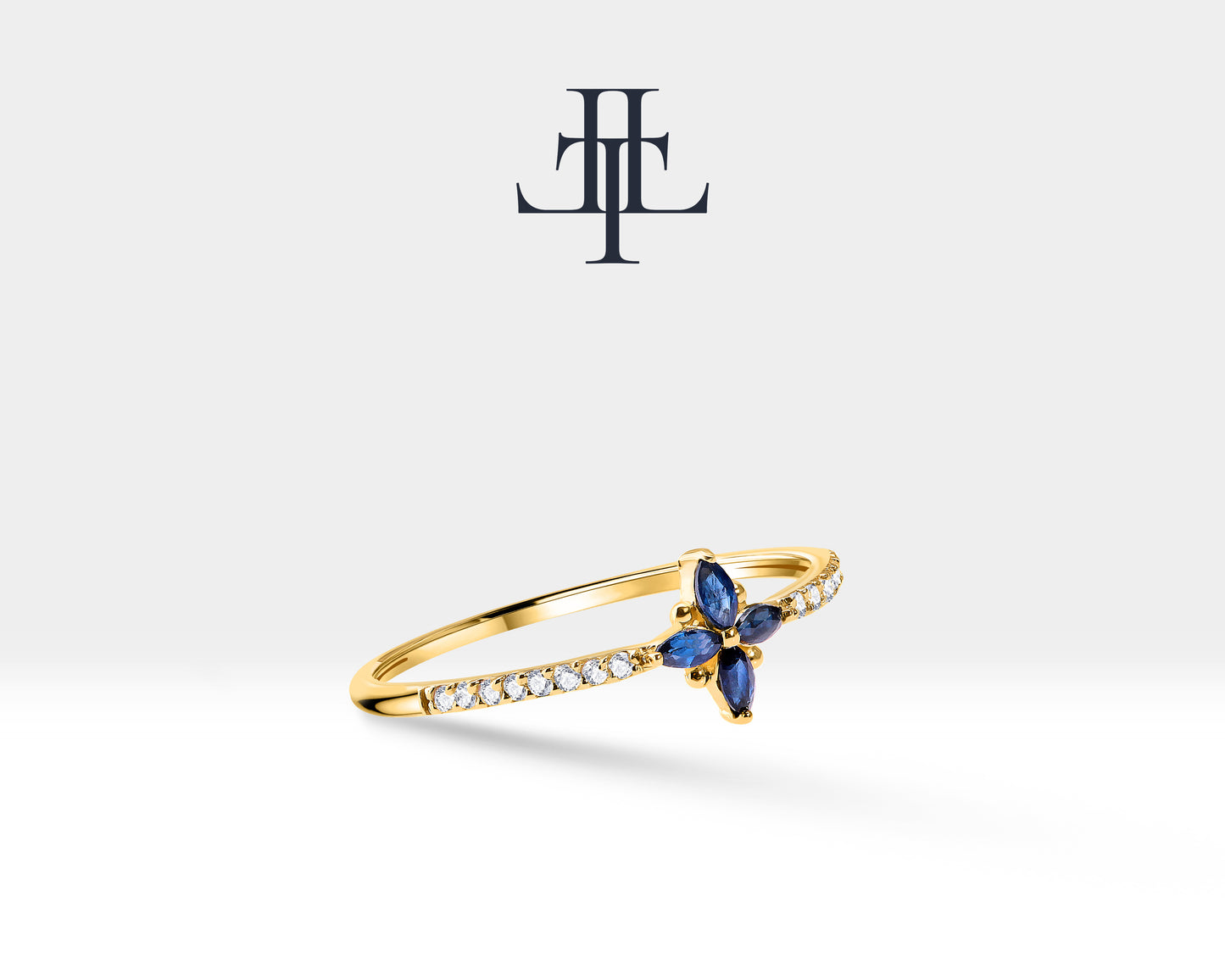 14K Yellow Solid Gold Ring,Floral Design Marquise Cut Sapphire Ring,Half Eternity Ring