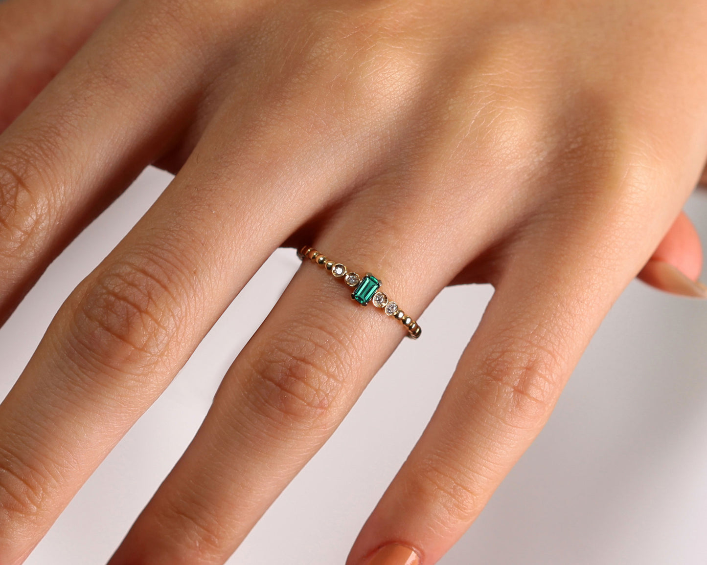 14K Yellow Solid Gold,Multi Stone Ring,Baguette Cut Emerald-Diamond Ring,Dainty Ring