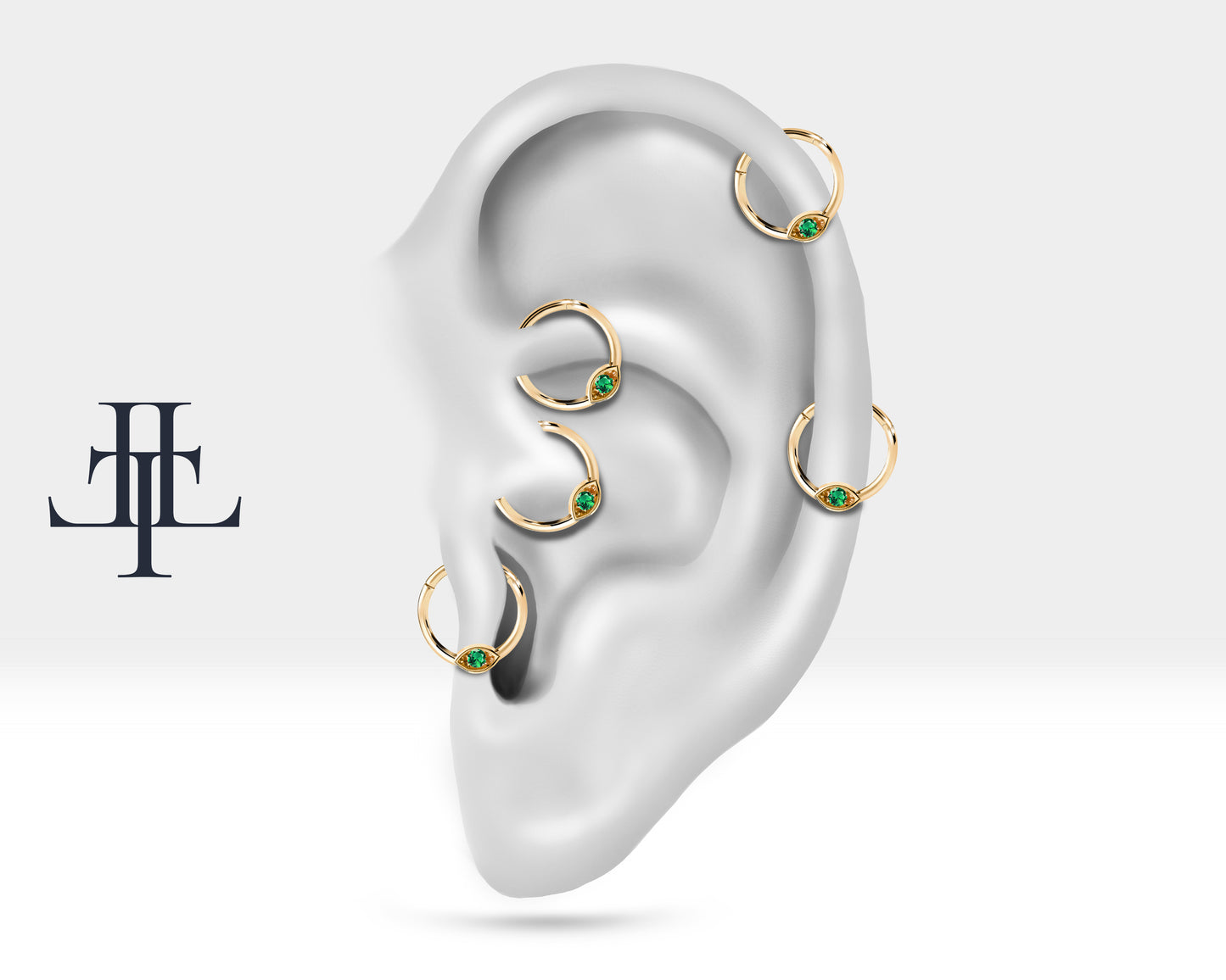 Cartilage Hoop,Round Cut Green Garnet Eye Design Clicker,Single Earring,14K Solid Gold,16G