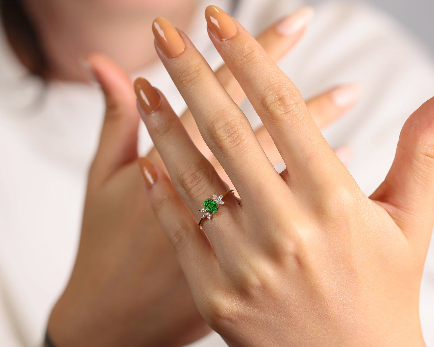 14K Yellow Solid Gold,Multi Stone Ring,Oval Cut Emerald with Marquise Diamond Ring