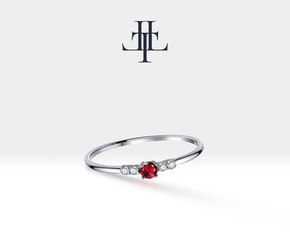 14K Yellow Solid Gold Band,Multi Stone Ring,Round Cut Ruby and Diamond Ring