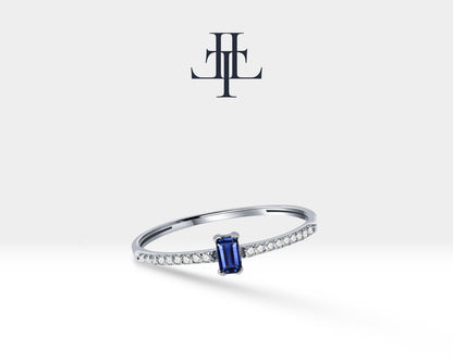 14K Yellow Solid Gold,Multi Stone Ring,Baguette Cut Sapphire and Diamond Ring