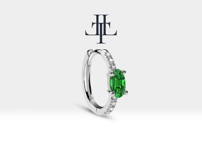 Huggie Hoop Earring , Oval Cut Emerald and Diamond Design Earring , 14K Yellow Solid Gold