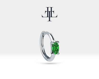 Cartilage Hoop Oval Cut Emerald Earring , Single Earring , 14K Yellow Solid Gold