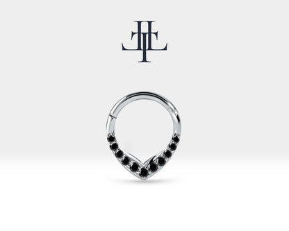 Cartilage Hoop Black Diamond Clicker Piercing, Drop Design Clicker, 14K Yellow Solid Gold