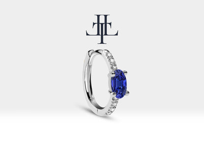 Huggie Hoop Earring , Oval Cut Sapphire and Diamond Design Earring , 14K Yellow Solid Gold