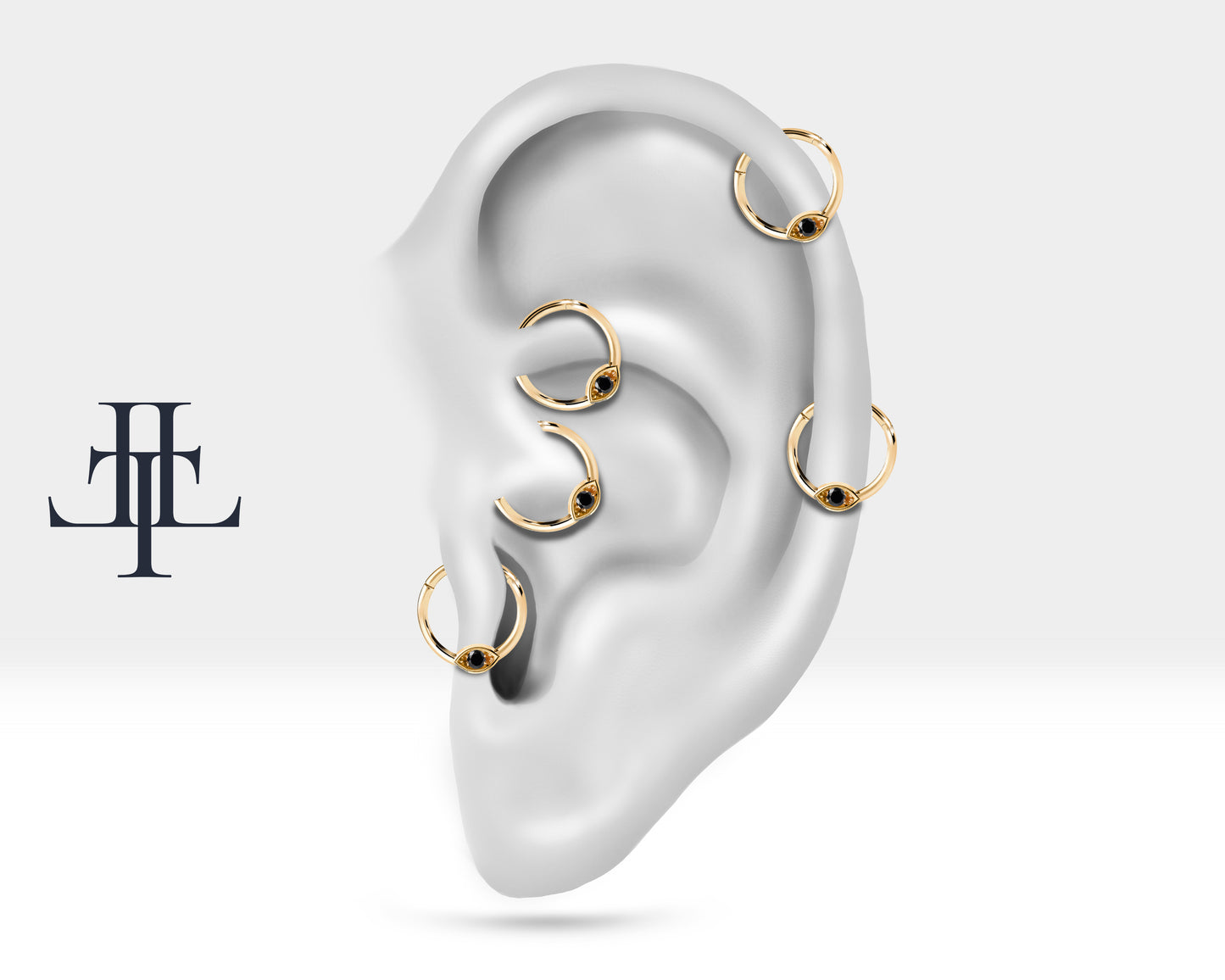 Cartilage Hoop,Round Cut Black Diamond Eye Design Clicker,Single Earring,14K Solid Gold,16G
