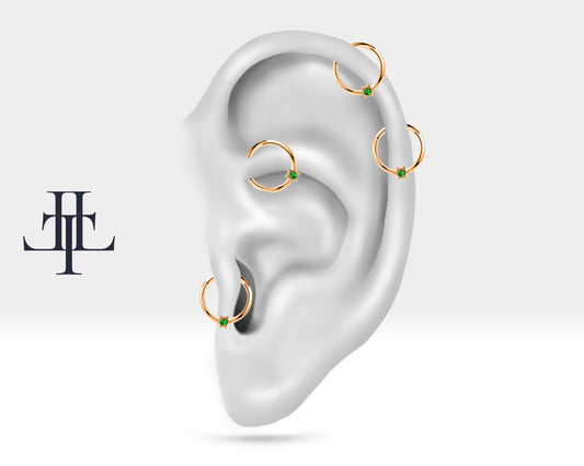 Cartilage Hoop , Tiny Star Design Green Garnet Clicker Piercing , Single Earring , 14K Solid Gold