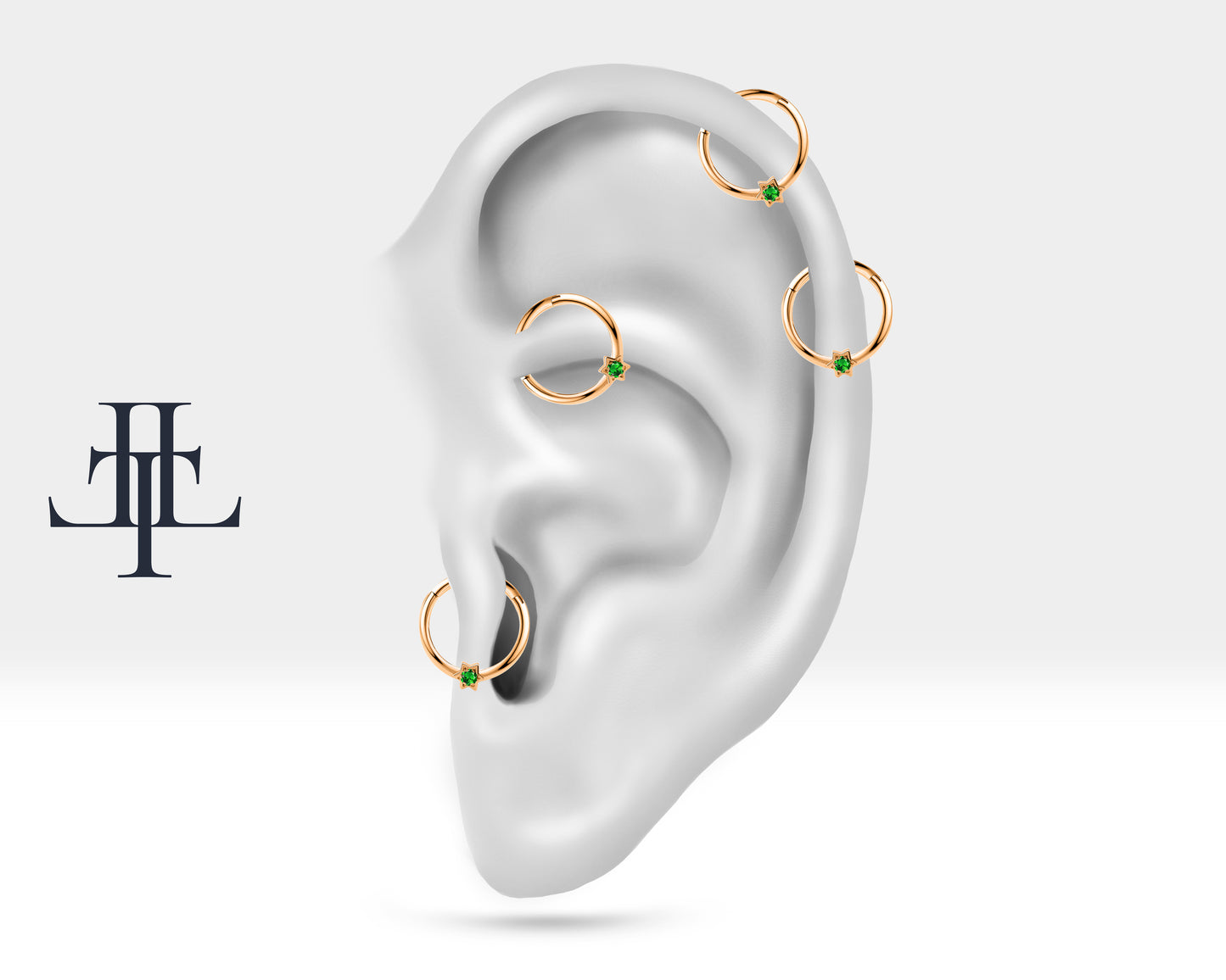 Cartilage Hoop , Tiny Star Design Green Garnet Clicker Piercing , Single Earring , 14K Solid Gold