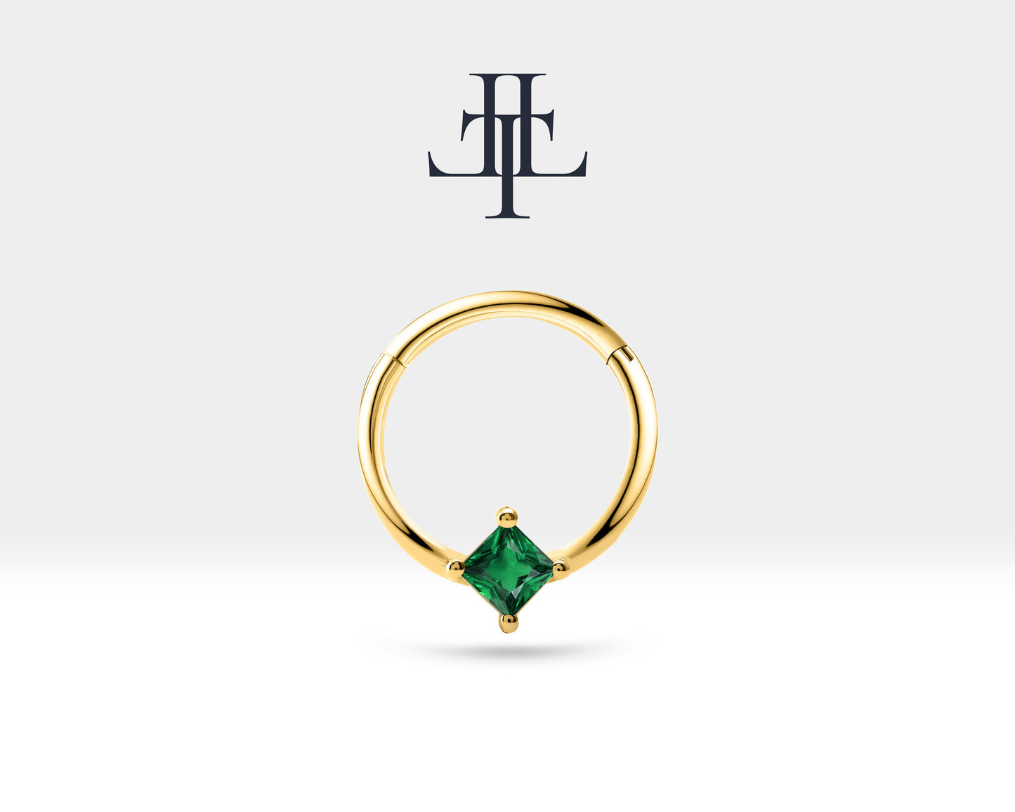 Cartilage Hoop , Princess Cut Emerald Clicker, Single Earring, 14K Solid Gold