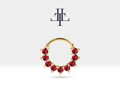 Cartilage Hoop Clicker with Nine Pieces Ruby,Single Earring,14K Solid Gold,16G(1.2mm)
