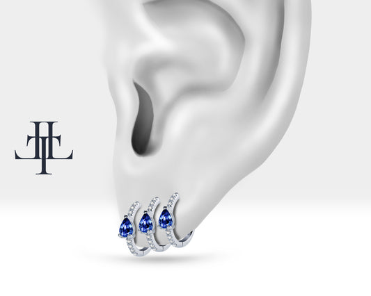 Pear Cut Sapphire and Diamond Design Earring , 14K Solid Gold Earlobe Earring