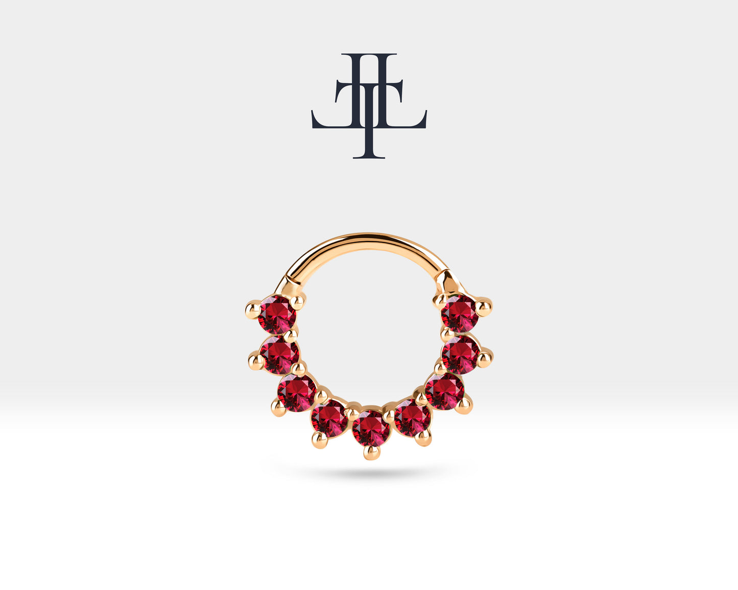 Cartilage Hoop Clicker with Nine Pieces Ruby,Single Earring,14K Solid Gold,16G(1.2mm)
