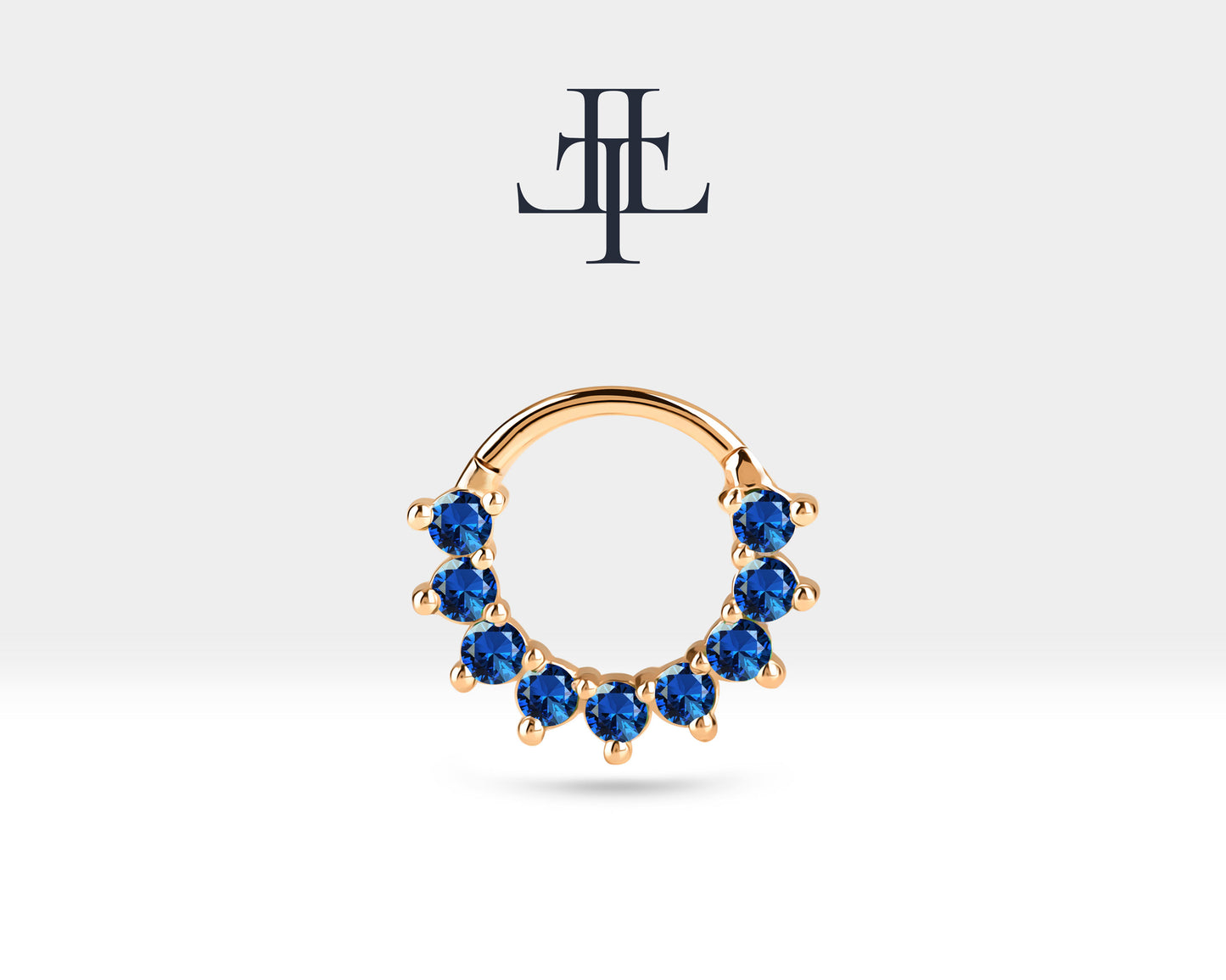 Cartilage Hoop Clicker with Nine Pieces Sapphire,Single Earring,14K Solid Gold,16G(1.2mm)
