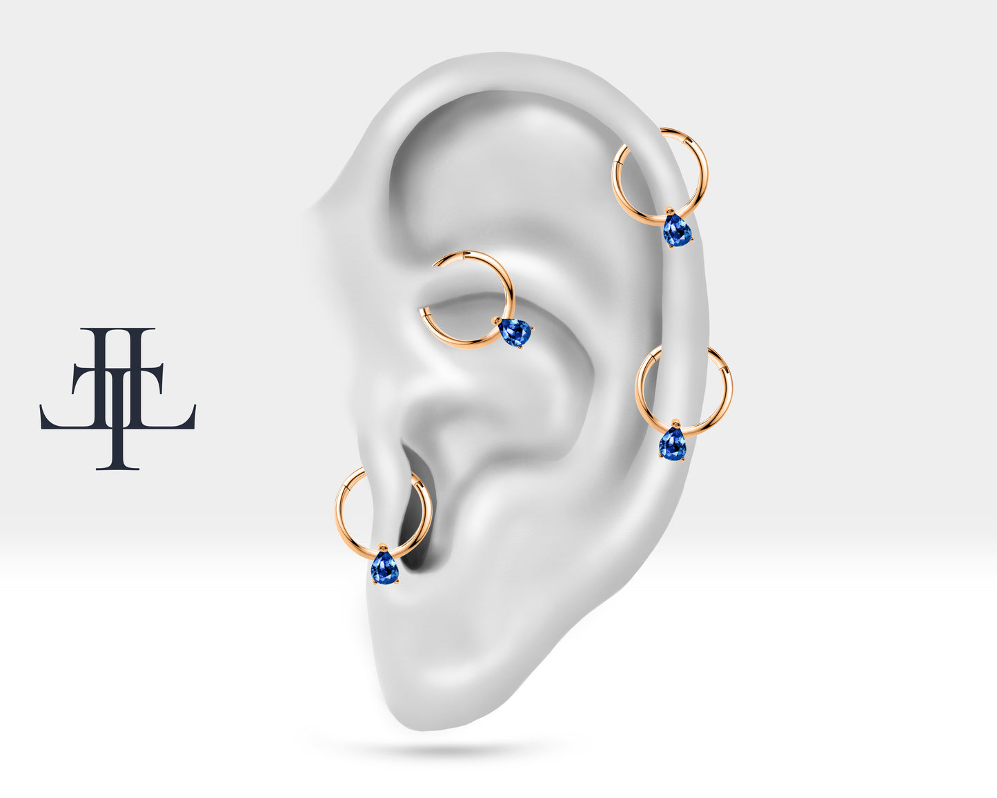 Cartilage Hoop , Pear Cut Sapphire Clicker , Single Earring , 14K Solid Gold,16G(1.2mm)