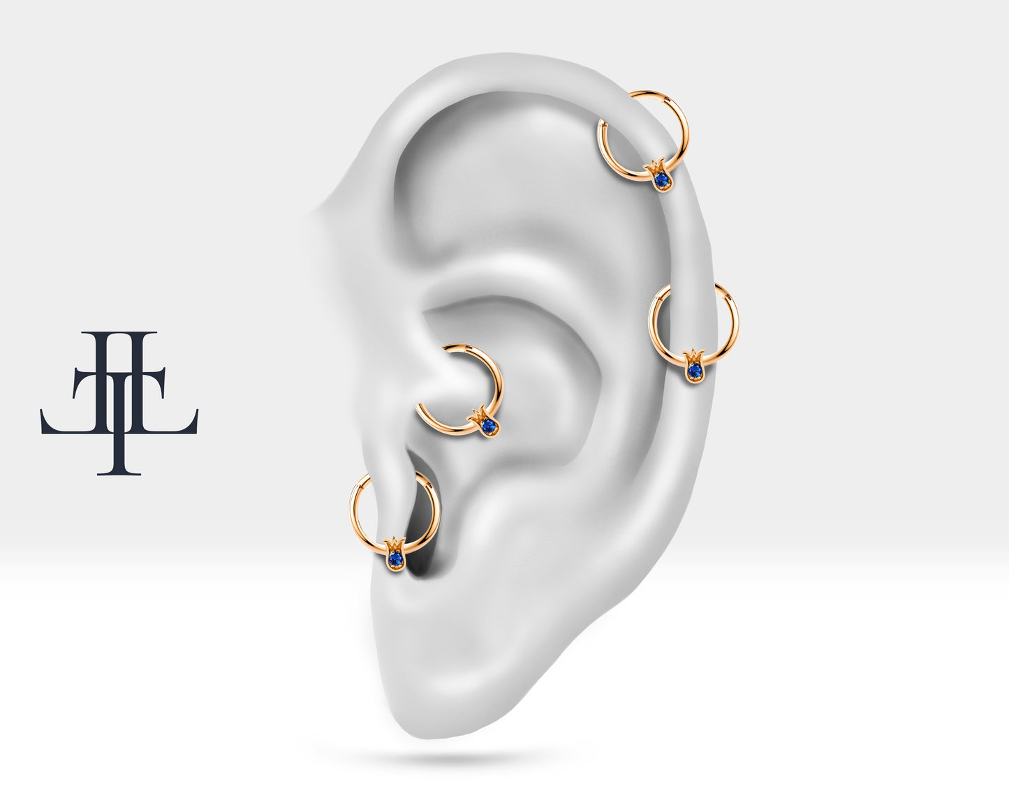 Cartilage Hoop,Round Cut Sapphire Tulip Design Clicker,Single Earring,14K Solid Gold,16G(1.2mm)