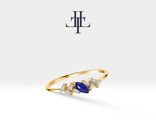 14K Yellow Solid Gold Ring,Marquise Cut Sapphire Ring with Baguette Diamond