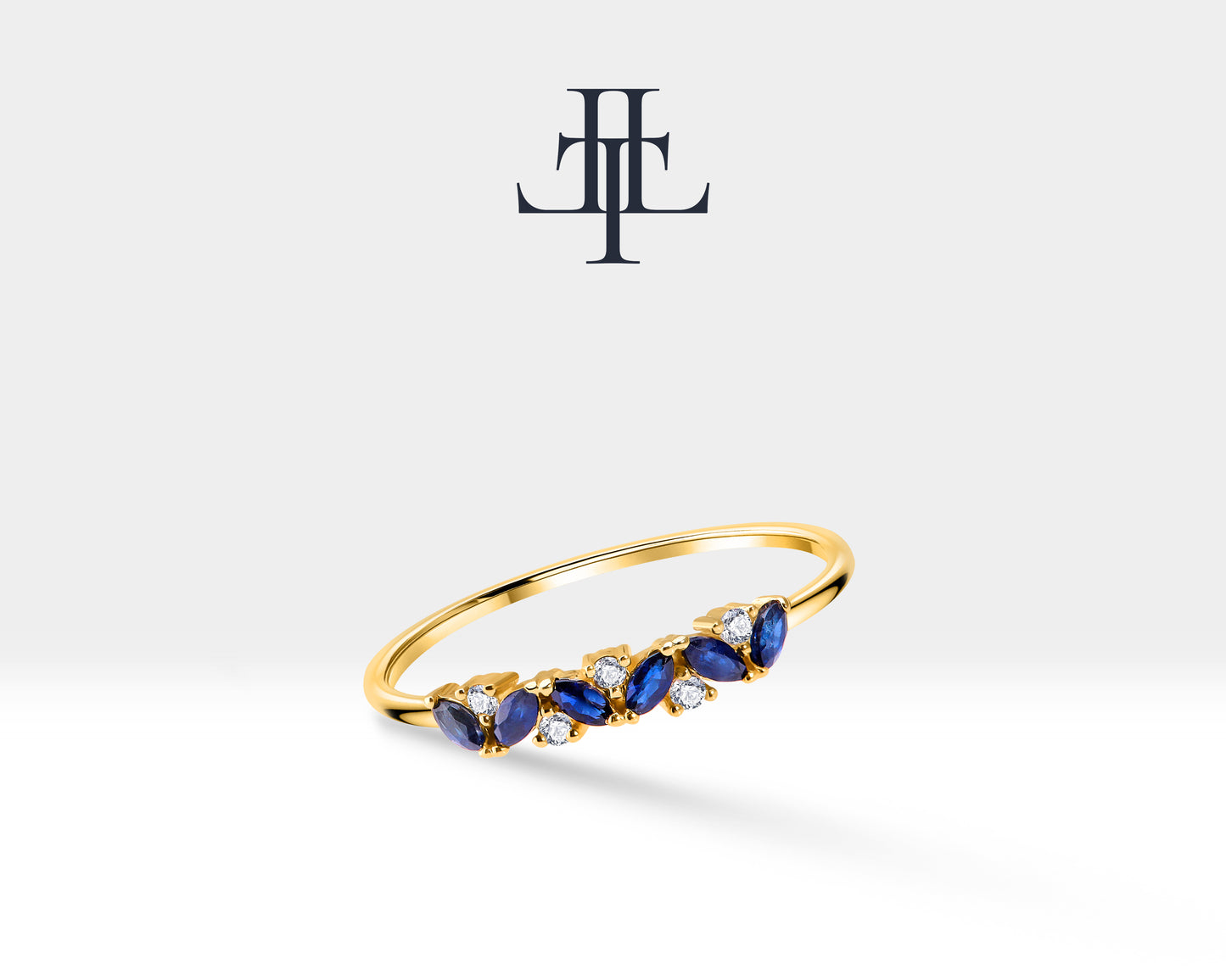 14K Yellow Solid Gold Ring,Straight Shank Ring,Marquise Cut Sapphire Ring with Diamond