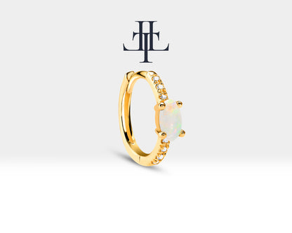 Huggie Hoop Earring , Oval Cut Opal and Diamond Earring , 14K Yellow Solid Gold