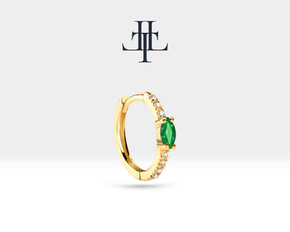 Huggie Hoop Earring , Marquise Cut Emerald and Diamond Earring , 14K Yellow Solid Gold