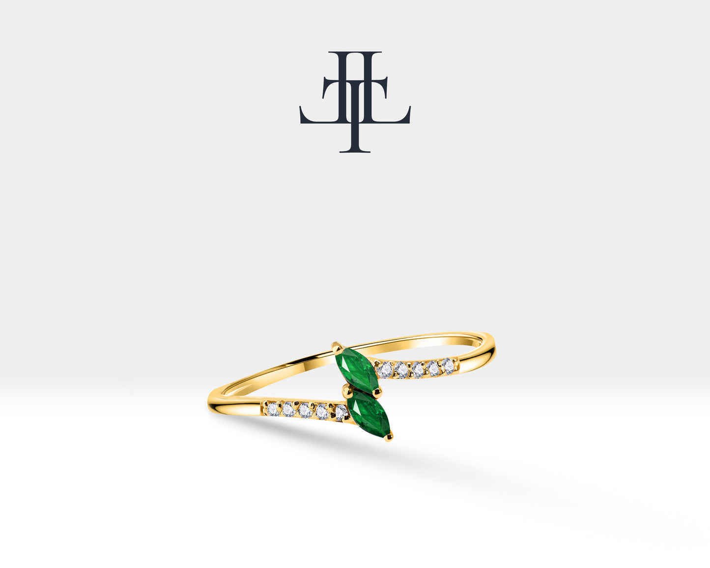 14K Yellow Solid Gold Ring,Marquise Cut Emerald Ring with Diamond,Multi Stone