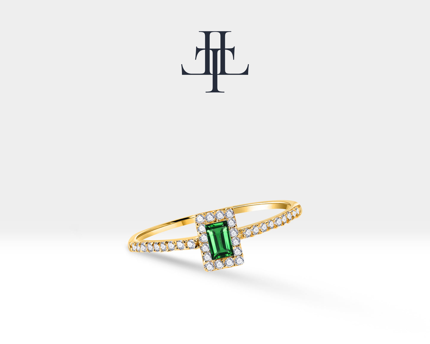 14K Yellow Solid Gold,Multi Stone Ring,Baguette Cut Emerald with Diamond Ring
