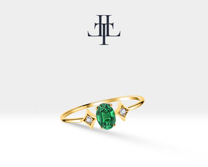 14K Yellow Solid Gold Ring ,Multi Stone Ring ,Oval Cut Emerald with Bezel Set Diamond
