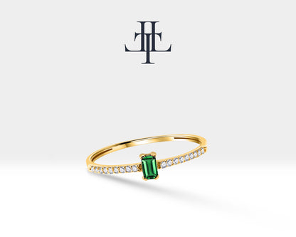 14K Yellow Solid Gold,Multi Stone Ring,Baguette Cut Emerald and Diamond Ring