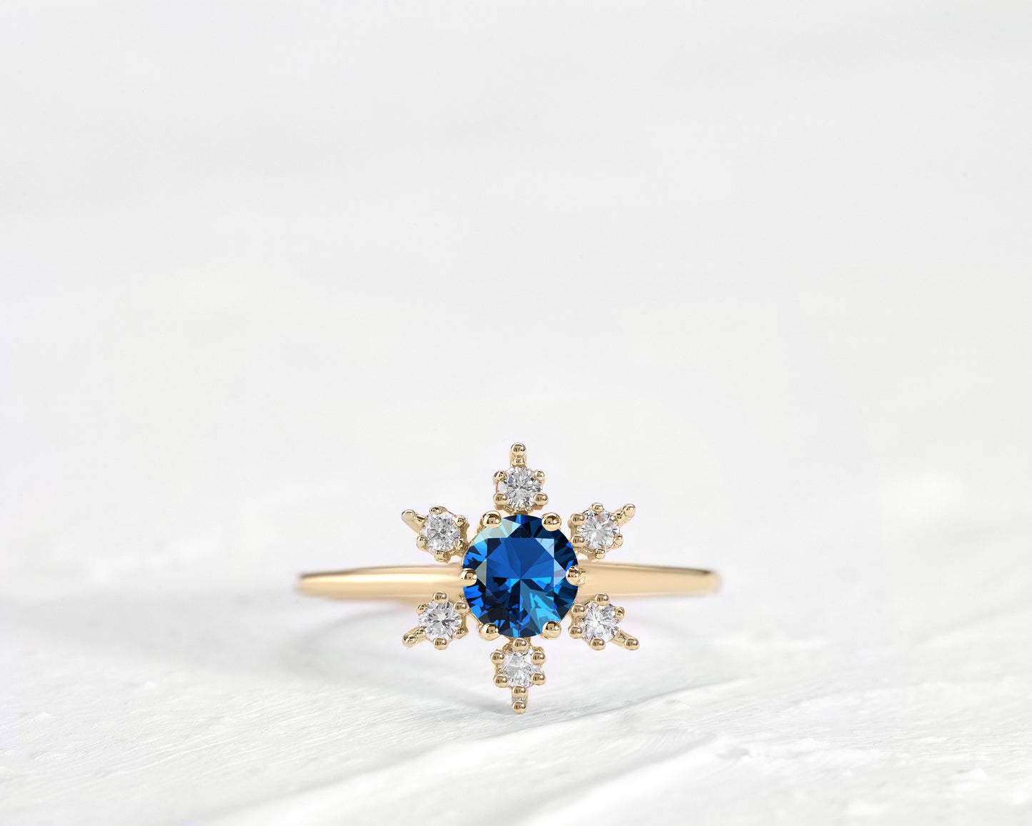 Straight Shank Snow Flake Ring, Rose Cut Sapphire with Diamond Ring, 14K
