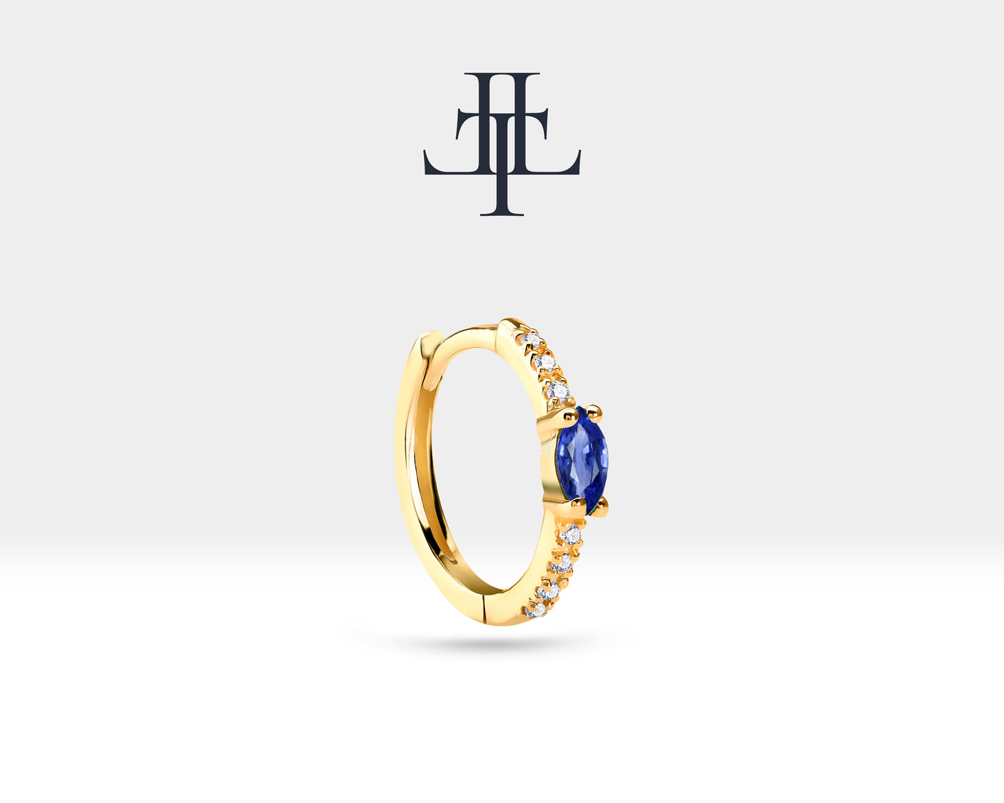 Huggie Hoop Earring ,  Marquise Cut Sapphire and Diamond Earring , 14K Yellow Solid Gold