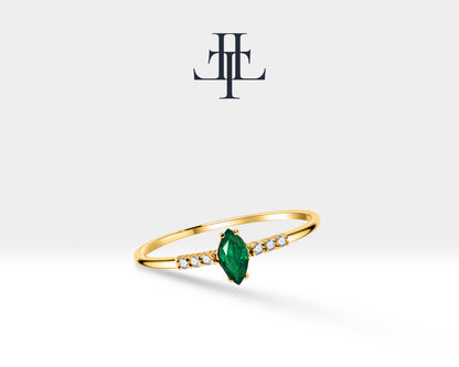 14K Yellow Solid Gold Ring,Marquise Cut Emerald Ring,Tiny Diamond Ring